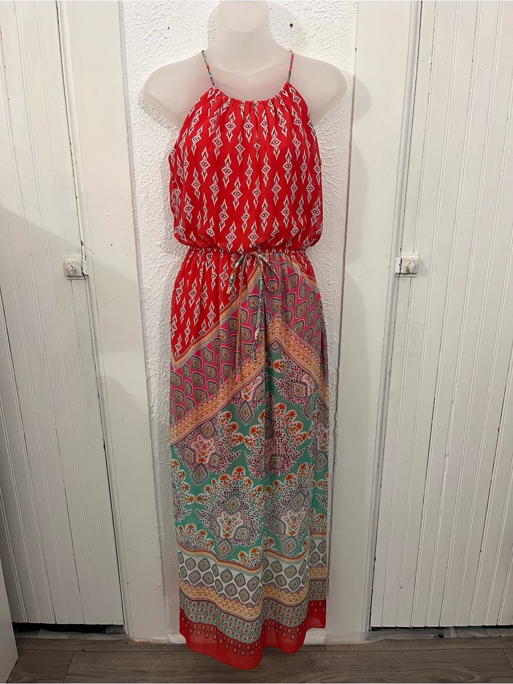 Boho Halter Maxi Dress in Coral and Teal